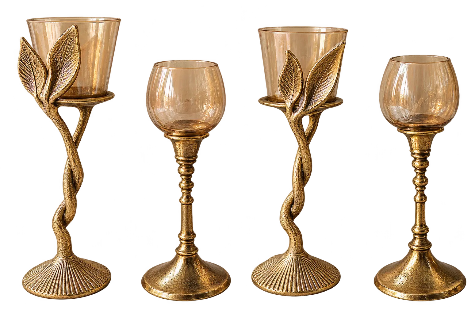 Four Golden Candle Holders with Amber Glass